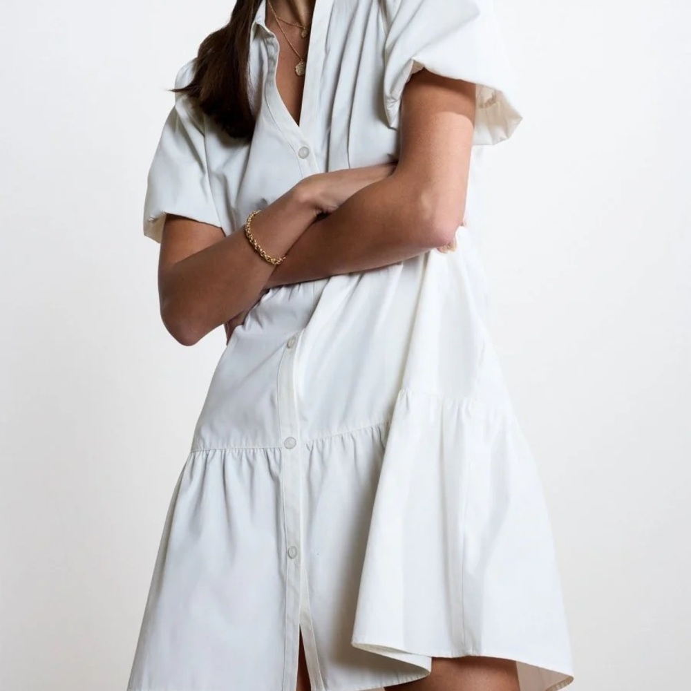NWT Brochu Walker Havana Mini Dress White Tiered Puff Sleeve Button Front Large - Picture 3 of 16